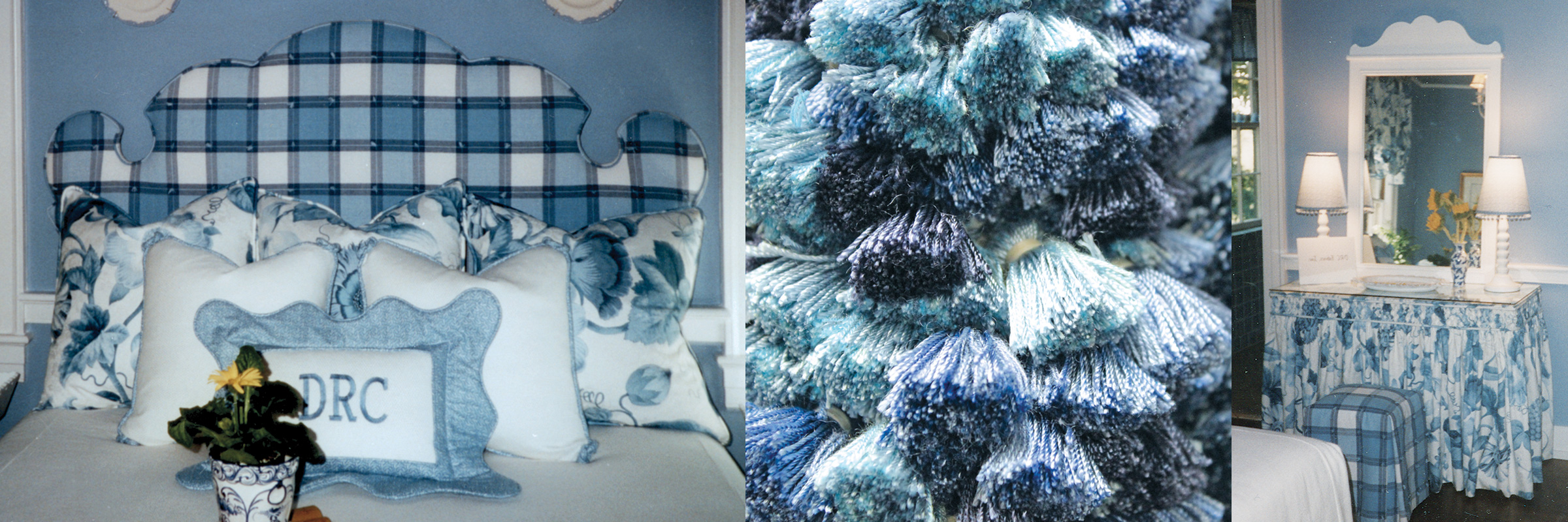 blue and white plaid headboard, blue fringe and blue and white floral tableshirt