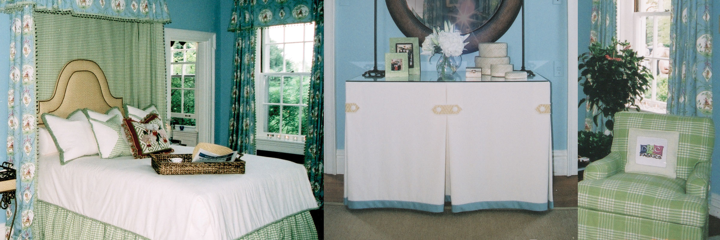 blue and green bedroom, valance, drapes, green checks, green plaid fabric, dressing table skirt