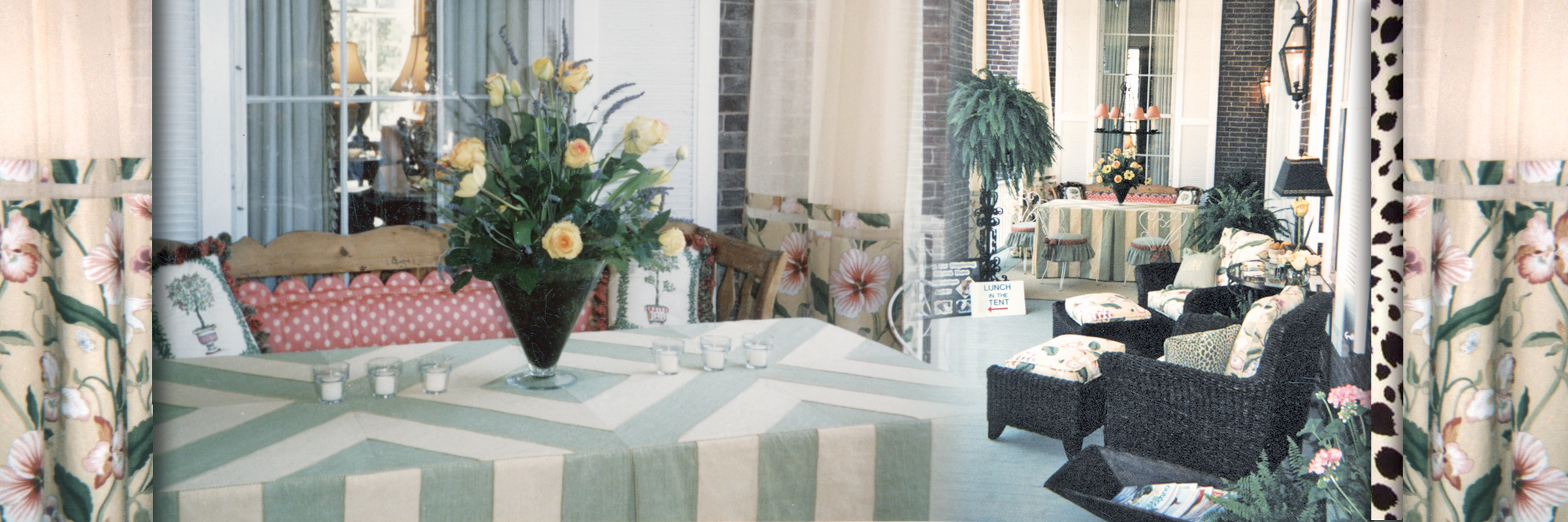 Stripes, dots, floral, animal print fabric, curtains, drapes, outdoor porch, black wicker seating
