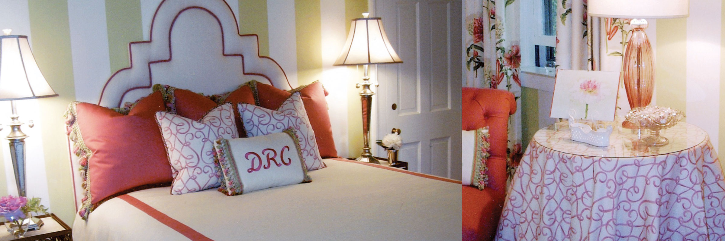 pink and white bedroom, custom headboard, bedding, tableskirt, yellow striped walls